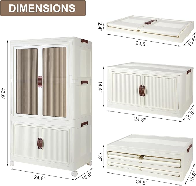 Stackable Closet Storage Bins, Collapsible Clothes Organizers, Portable Wardrobe Closet with Lids and Doors, Movable Clothes Storage with Coat Hangers, White