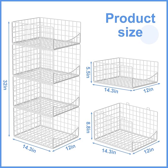 4-Tier Stackable Closet Organizers and Storage Shelves, Foldable & Mutifunctional Clothes Storage Basket Sweater Organizer Bins Container for Wardrobe Kitchen Office Bathroom, White