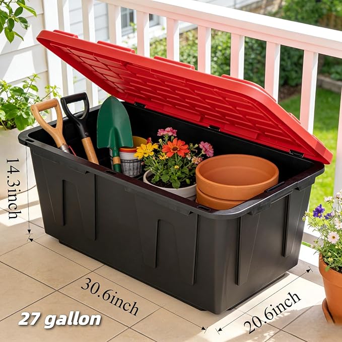 27 Gallon Storage Bins with Lids, Heavy-Duty Plastic Storage Totes with Snap-Lock Lid, 30.6" L x 20.6" W Stackable Bins for Outdoor, Garage, Basement & Indoor Organization, Black Base & Red Lid