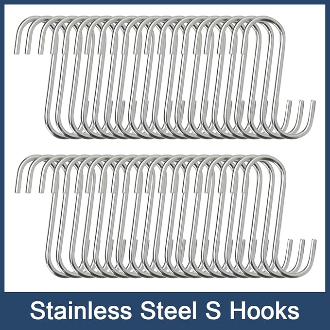 100-Pack Stainless Steel S Hooks - Heavy Duty, Reusable, Modern/Minimalist Design, Perfect for Kitchen, Closet, Bathroom, Rack, Shelf, Holder, Garment, Coat, Towel, Plant, Tool