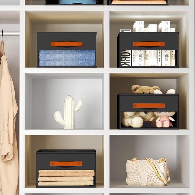 Drawer Organizers and Storage - 8 Pack Foldable Pants Organizer with Clear Window & Handles, Fabric Closet Organizer for Clothes, Jeans, Sweaters, Towels, T-shirt, Scarf (Black)