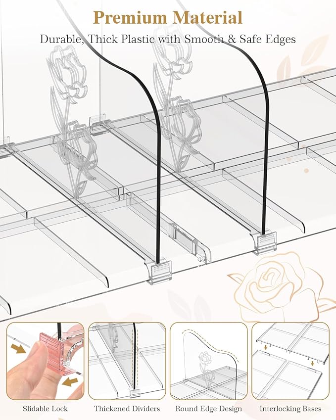 Rose Purse Dividers for Closet, 2 Pack Clear Clutch Purse Closet Organizers, Adjustable Handbag Storage Organizers, Plastic Bookshelf Separator Dividers for Bedroom Office
