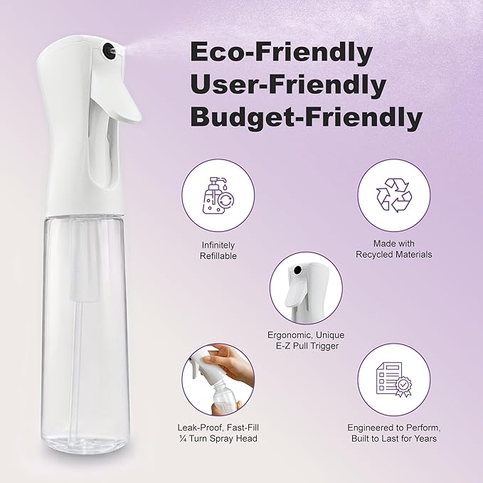 2 Pack Spray Bottles for Hair - Continuous Water Mister Spray Bottles with Ultra Fine Mist Spray for Hairstyling, Barbers, Salons, Skin Care, Cleaning, Plants, Pets (Ivory, 10.1 oz)