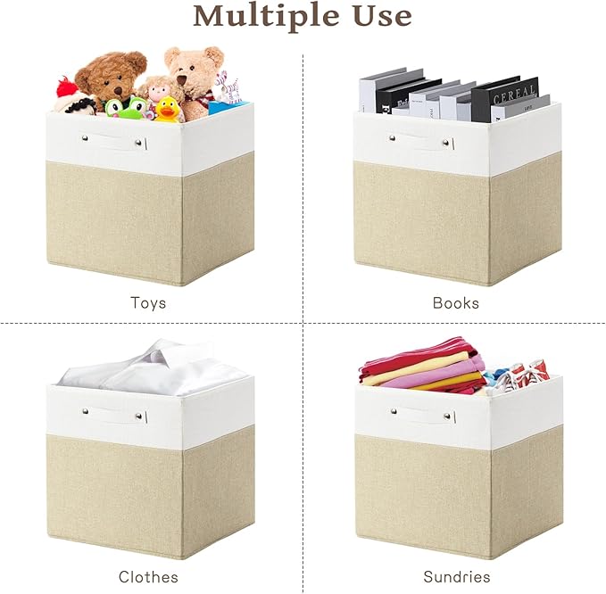 13 x 13 Inch Fine Linen Storage Bins with Handles，Fabric Cube Boxs，Basket Organizers for Shelves for Home, Closet Drawers (White/Khaki-4 Pack)