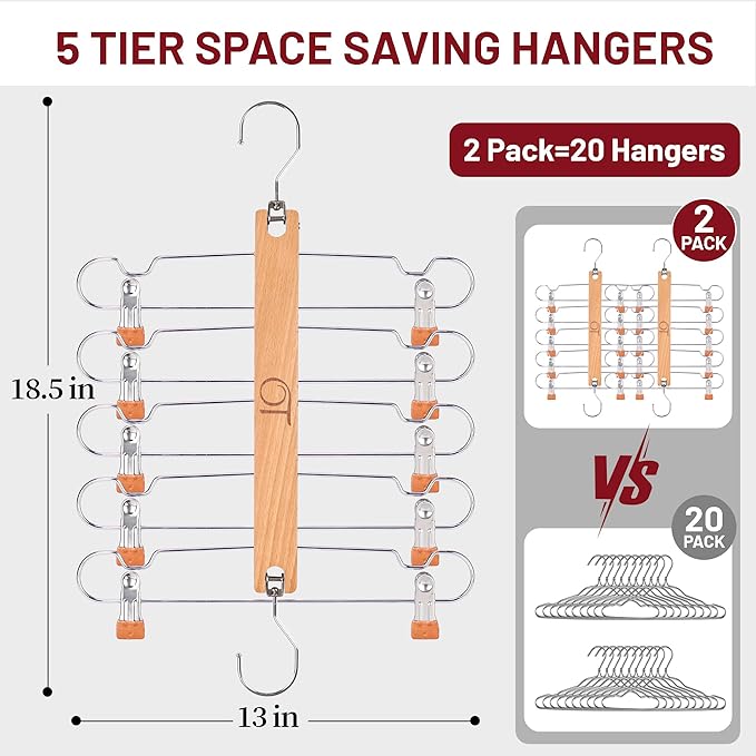2 Pack Skirt Hangers with Clips, Space Saving Beechwood 5 Tier Pants Hangers with 360° Swivel Hook, Closet Organizer for Skirts, Pants, Tank Top-College Dorm Room Essentials (Wood Color)