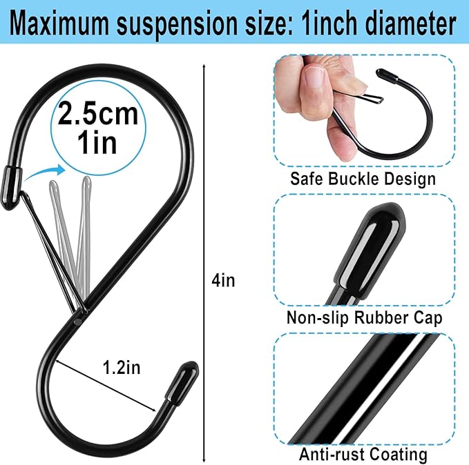 Dreecy 4 Inch S Hooks for Hanging with Safety Buckle, 20 Pcs Heavy Duty Metal S Hooks with Stopper Non Slip, Closet Hooks for Hanging Plants, Clothes, Kitchen Utensil, Pots, Pans, Bags (Black)