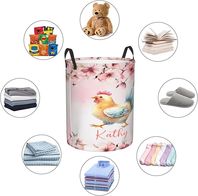Personalized Chicken Laundry Basket For Baby Kids Boys Girls Adult Custom Hamper Basket With Name For Bathroom Bedrooms Collapsible Baby Dirty Clothes Hamper With Handles