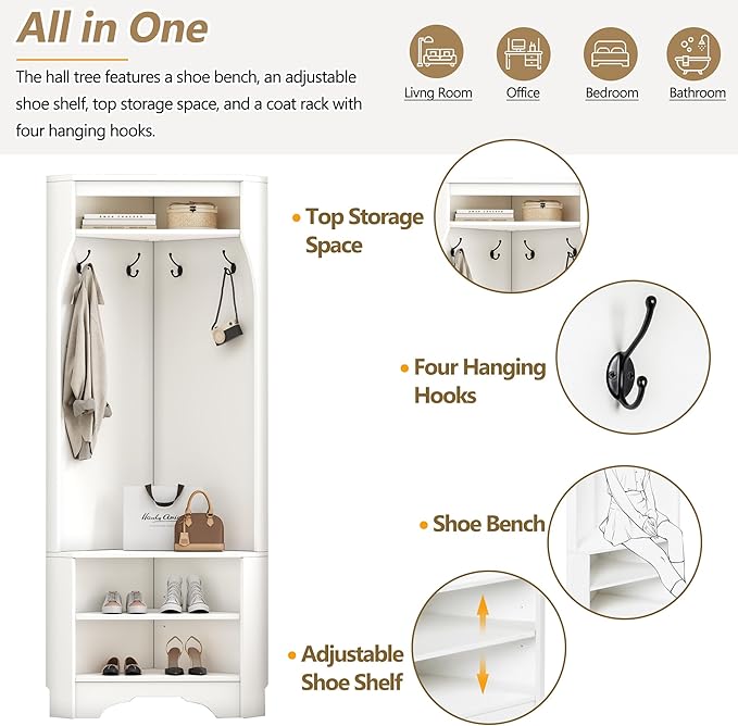 Linique Minimalist Corner Hall Tree with Shoe Bench,Versatile Entryway Coat Rack with 4 Hooks,Corner Cabinet with Adjustable Shoe Shelf for Hallway,Living Room,White,29.5''W*71.6''H