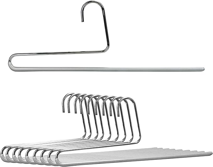 Mawa by Reston Lloyd Reverse Hook Trouser Series Non-Slip Space-Saving Clothes Hanger with Single Rod for Pants, Style KH/35U, Set of 10, Silver