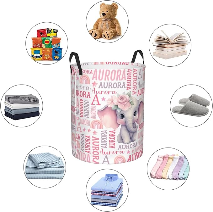 Personalized Elephant Laundry Basket For Baby Kids Boys Girls Adult Custom Hamper Basket With Name For Bathroom Bedrooms Collapsible Baby Laundry Basket, Dirty Clothes Hamper With Handles