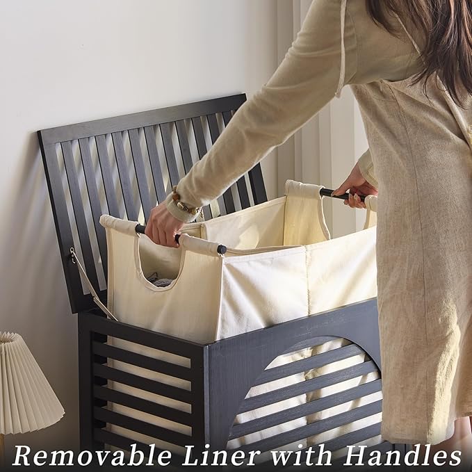 Laundry Hamper with Lid, Bamboo Clothes Laundry Basket with Handles, Removable 2-Section Liner bag, Hampers for Bedroom Aesthetic, Large Storage for Bath Towel, Sheets or Toys, Home (Black)