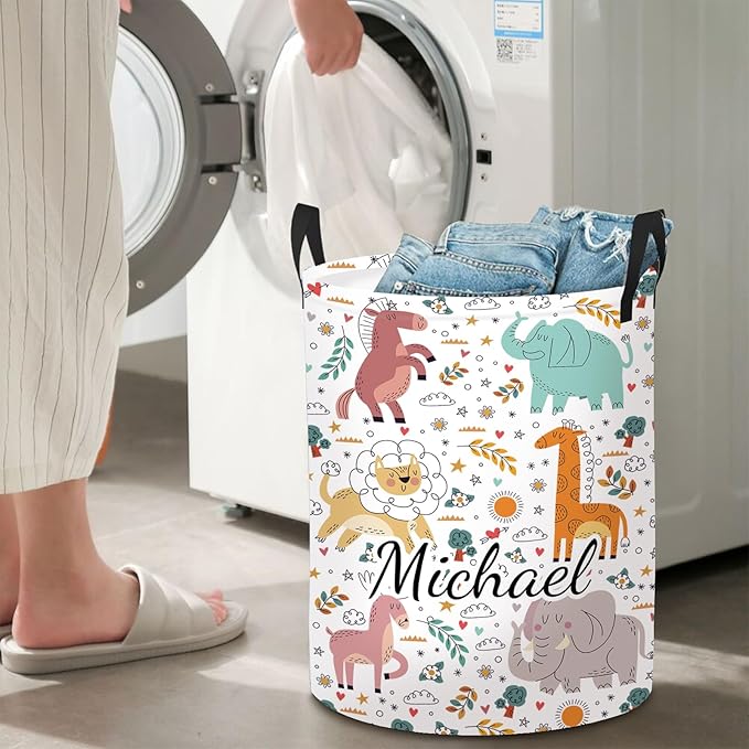 Custom Baby Girl Laundry Basket with Name, Personalized Woodland Animals Laundry Basket for Kids, Customize Name Laundry Hamper Storage Organizer for Nursery 2 Size Baby Gift