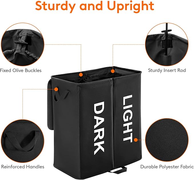 Lifewit 136L Double Laundry Hamper with Lid and Removable Laundry Bags, Large Divided Hamper, Collapsible 2 Section Laundry Basket with Handles for Bedroom, Bathroom, College Dorm, Laundry Room, Black