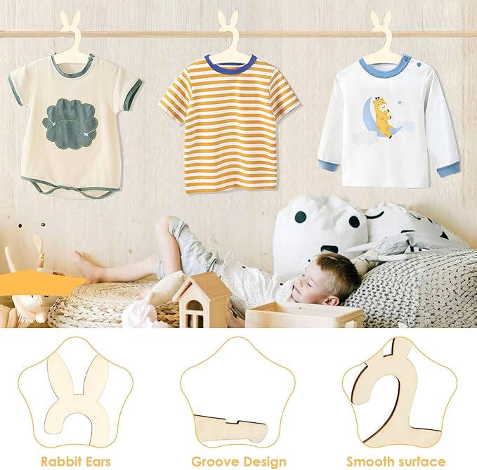 20PCS Wooden Kids Hangers 9" Baby Clothes Hangers, Baby Children Wooden Hangers, Cute Little Kids Hangers, Newborn Girl Boy Hangers for Clothing Pants Coats Skirts Storage (Rabbit Ear)