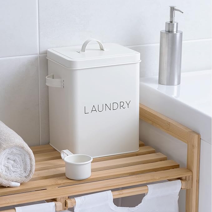 Navaris Laundry Detergent Container with Scoop - Powder Laundry Soap Tin - Vintage Style Metal Organizer Canister Box with Lid and Handles - White