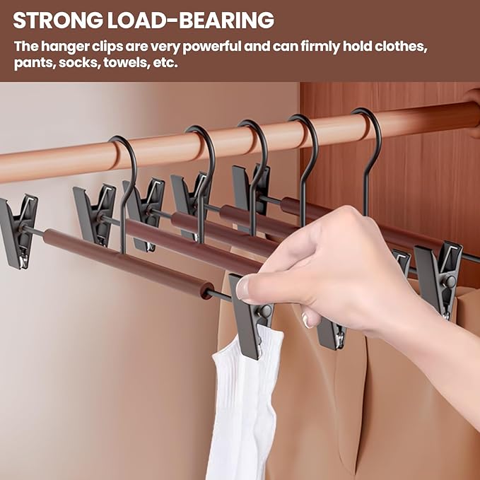 Jiang&Rong 20-Pack Wooden Hangers with Metal Clips - Adjustable Non-Slip Closet Organizers for Pants, Jeans, Skirts, Socks | Heavy-Duty Rustproof Hanger Set (Black)