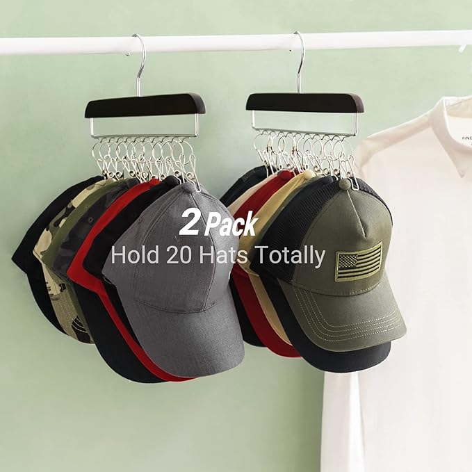 Mkono Hat Hangers for Closet Set of 2 Wooden Hat Organizer Racks for Baseball Caps with 20 Stainless Steel Clips, Baseball Hat Holder for Closet Storage, Fits All Caps, Walnut Color