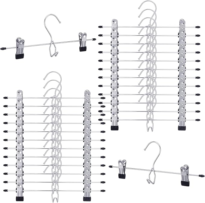 24PCS Skirt Pants Hangers with Clips Space Saving Stackable Hanging Closet Organizer Heavy Duty Adjustable Clothes Storage College Dorm Room Supplies Decor for Shorts Jean Towel Trouser Sock