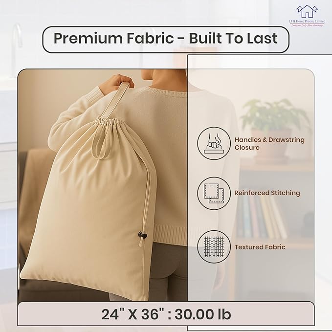 LFH Home 100% Cotton Canvas Extra Large Laundry Bag with Drawstring and Handles Heavy Duty, Multi-Use, and Washable for Home, Travel, College or Storage 24x36 (Pack of 4)-Natural