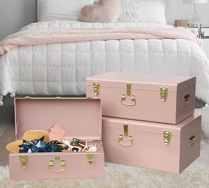 Vixdonos Decorative Box Set of 3 Metal Trunks Chest with Safety Lock Clasp for Treasure Organization and Home Dorm Decor,26.8x16.5x11Inches