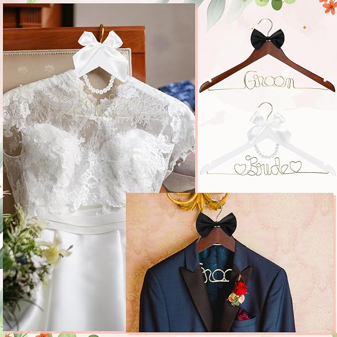 2 Pcs Bride Hanger for Wedding Dress Bride and Groom Wooden Wedding Dress Hanger Set with Bow Tie for Tuxedo Suit Gift Bridal Party Shower
