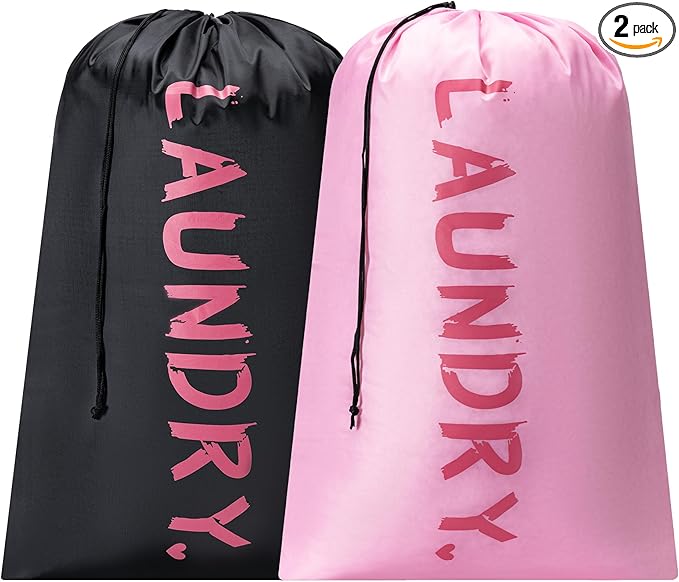 2 Pack XL Travel Laundry Bag, Machine Washable Dirty Clothes Organizer with Drawstring,Large Enough to Hold 4 Loads of Laundry, Easy Fit a Laundry Hamper or Basket Travel Essentials 24" x 36"