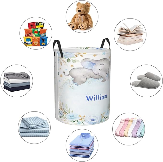 Blue Gold Floral Elephant Personalized Laundry Hamper Custom with Name Collapsible Waterproof Storage Basket with Handles for Bedroom Decor Gift.