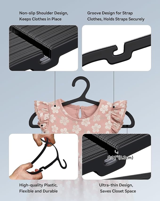 Plastic Kids Hangers, Pack of 100, Ultra Slim Closet Hangers, Non-Slip, Space-Saving, Sturdy, 14" W x 7" H (for Children Aged 7-12 Years), Black, UAPY07100B