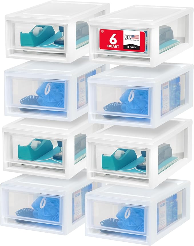 IRIS USA 6 Qt. Small Plastic Stacking Drawer, Stackable Storage Organizer Unit with Sliding Drawer for Bedroom Kitchen Under Sink Pantry Craft Room Dorm Office, White, 8-Pack