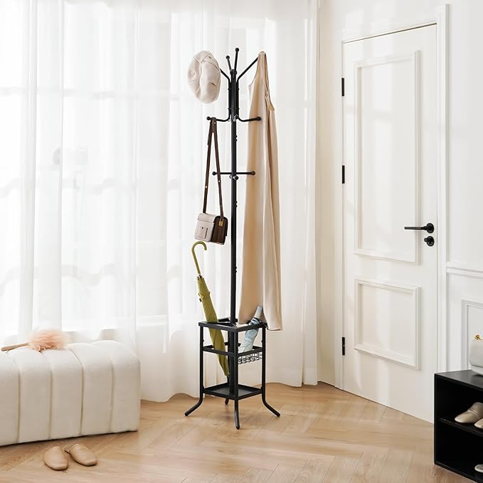 Yoobure Coat Rack Freestanding - Coat Tree with Umbrella Holder, Metal Coat Rack Stand with 12 Hooks, Modern Coat Hanger Stand for Entryway, Purse Rack Hat Rack Stand for Living Room Bedroom Office