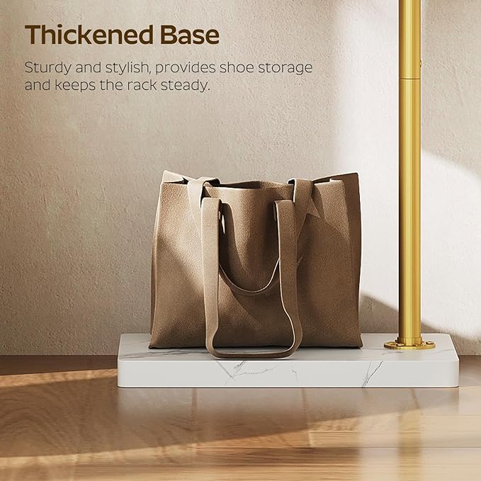 L Shaped Glod Coat Rack, Metal Coat Tree, Modern Clothes Rack with 3 Hooks and Thickened Base, Floor Standing Coat Hanger Stand, for Entryway, Living Room, Cloakroom, Gold and White YM01DWY1