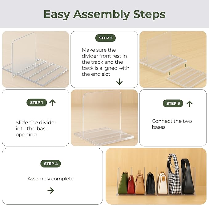 Acriloom Essentials Purse Organizer for Closet – Adjustable Bag Organizer with 2 Bases & 8 Dividers, Heavy-Duty Clear Design for Home & Personal Organization, Easy to Set Up and Maximize Closet Space