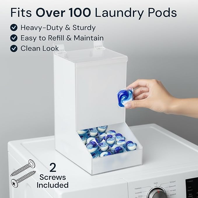 Acrylic Laundry & Dishwasher Pod Dispenser - Large White Acrylic, 2 Lids - Wall-Mount Or Countertop Gravity Feeder - Laundry Room Organization & Storage for Laundry Pods