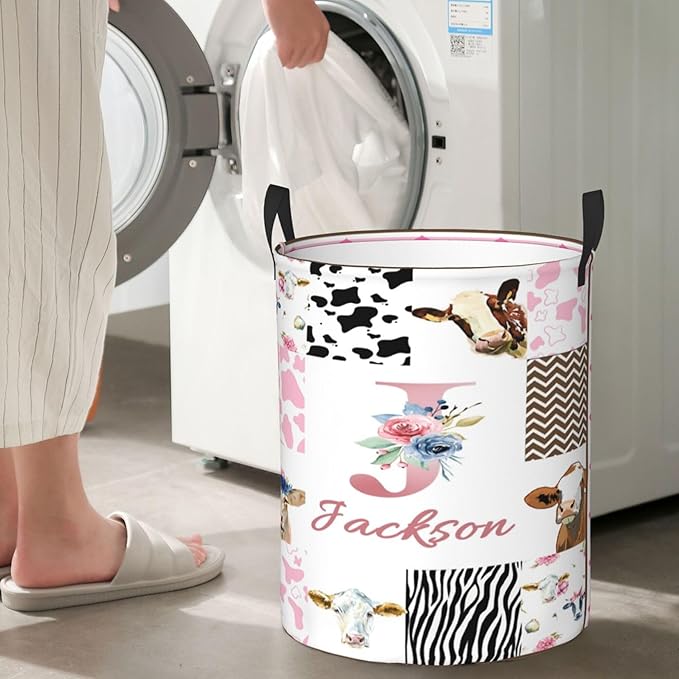 Personalized Cow Laundry Basket For Baby Kids Boys Girls Adult Custom Hamper Basket With Name For Bathroom Bedrooms Collapsible Baby Dirty Clothes Hamper With Handles