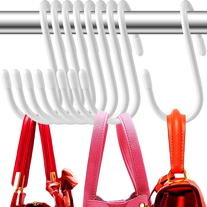 12 Pack Heavy Duty Twist Design Purse Hanger for Closet - Anti-Slip Vinyl Coated Metal 4 inch Large S Hooks, Multipurpose Organizer for Purses, Handbags, Belts, Scarves, Hats, White