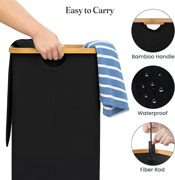 Fine Living 100L Large Laundry Hamper with Lid, Narrow Foldable Slim Laundry Basket with Bamboo Handles, Skinny Tall Dirty Clothes Hamper for Dorm, Bathroom & Bedroom, Black