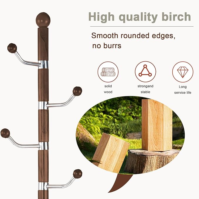 Wooden coat rack stand, Heavy duty coat racks tree freestanding with 6 Hooks and Sturdy Round Base, Coat tree for jacket,Hats, Bags, Purses, clothes (Round base-Walnut)