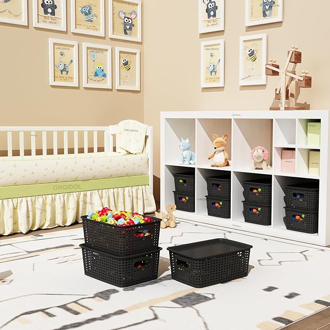 Plastic Storage Basket with Lids 10 Pack Stackable Black Storage Bins Containers with Lid, Decorative Storage Boxes for Organizing Shelves, Drawers, Playroom, Classroom, Office, Closet