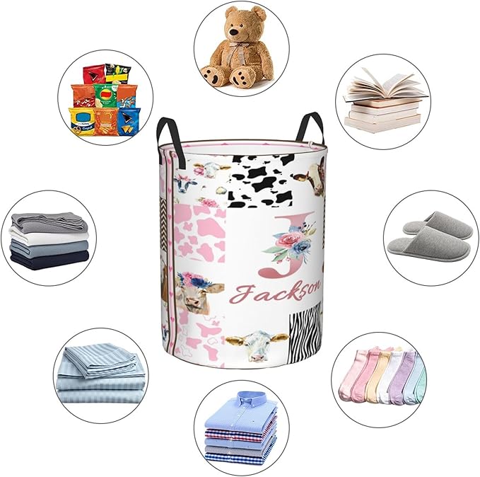 Personalized Cow Laundry Basket For Baby Kids Boys Girls Adult Custom Hamper Basket With Name For Bathroom Bedrooms Collapsible Baby Dirty Clothes Hamper With Handles