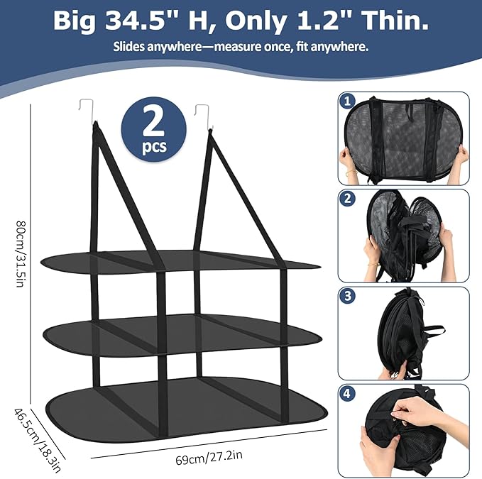 2Pcs Over The Door Drying Rack with 4 Hooks,3 Tier Sweater Drying Rack with Fixed Webbing,Large Folding Mesh Clothes Drying Rack for Dorms,Bathrooms and Bedroom(Black)