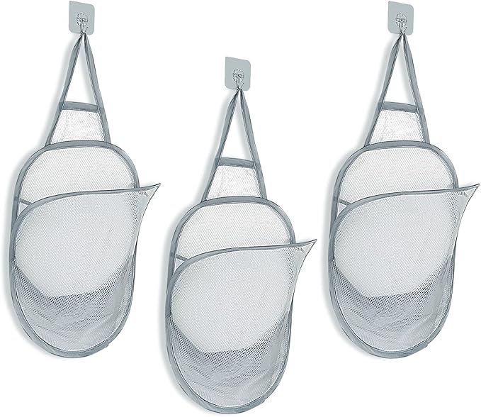 3 Pieces Hanging Laundry Hamper Foldable Mesh Hamper Dirty Cloth Basket with Carry Handle Door net Hampers for Store Cloth, Toy, Camping, Potato Chips,Home and Hotel Use(Grey)