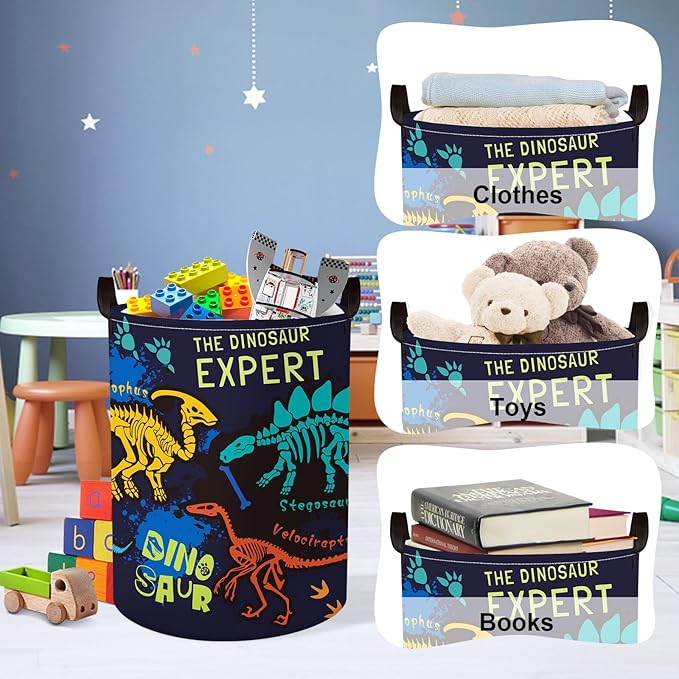 Clastyle Large Boho Dinosaur Pterosaur Boy Book Toy Storage Basket Dino Palm Tree Clothes Laundry Hamper for Kid Room Nursery,Skeleton 45L