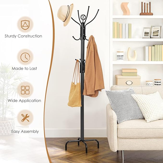 MEDIMALL Coat Rack Freestanding, Metal Hall Tree, Free Standing Coat Tree for Hat, Coat, Jacket, Umbrella, Entryway Coat Hanger Stand with Base, Black