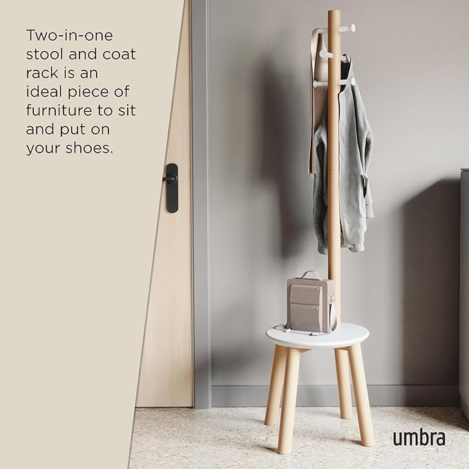 Umbra Pillar Coat Rack, Stool, Clothing Organizer, Umbrella Holder and Hat Organizer, Great for Entryway, White/Natural