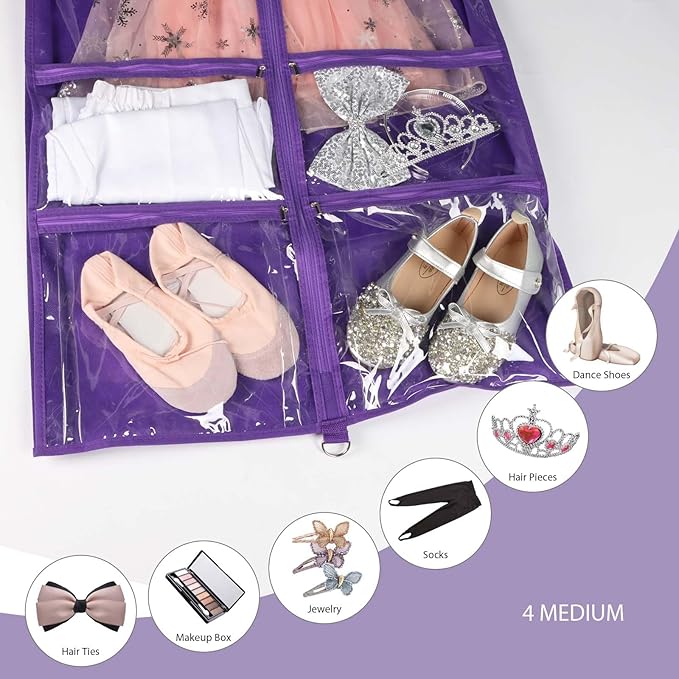 Syeeiex 3" Gusseted Clear Dance Costume Garment Bag(5 Pack), 40'' Dance Garment Bags for Dancers with 4 Zipper Pockets & Can Hold 1-3 Dance Costumes - Suitable for Dance Competitions, Ballet(Purple)