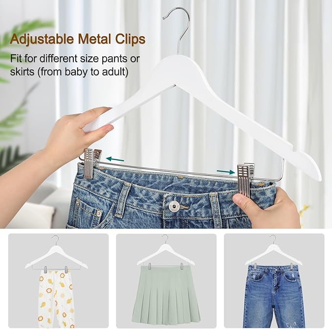 TOPIA HANGER Wooden Suit Hangers with Adjustable Metal Clips (20 Pack), Solid Smooth Wood Clothes Hangers, 360° Swivel Hook, Premium Pants Hangers for Clothes Coat, Jeans, Blouse-White,CT28W20