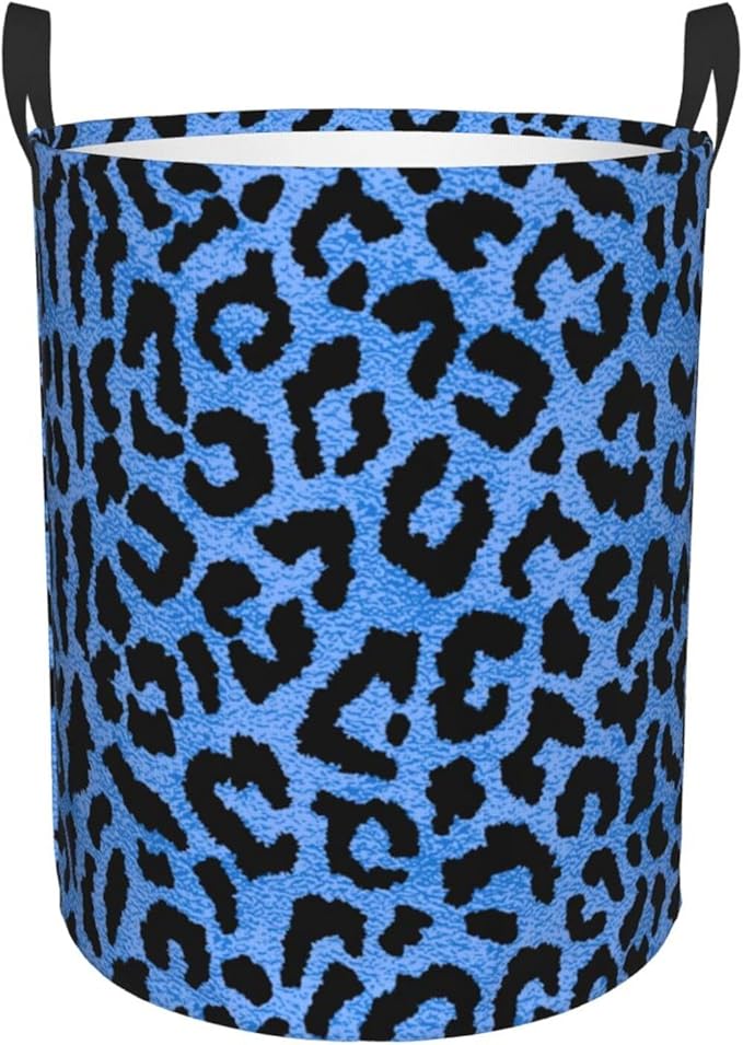 Blue Leopard Round Laundry Hamper Storage Basket Toys Clothes Organizer Bin For Home Bathroom Bedroom Dorm Nursery, 62l