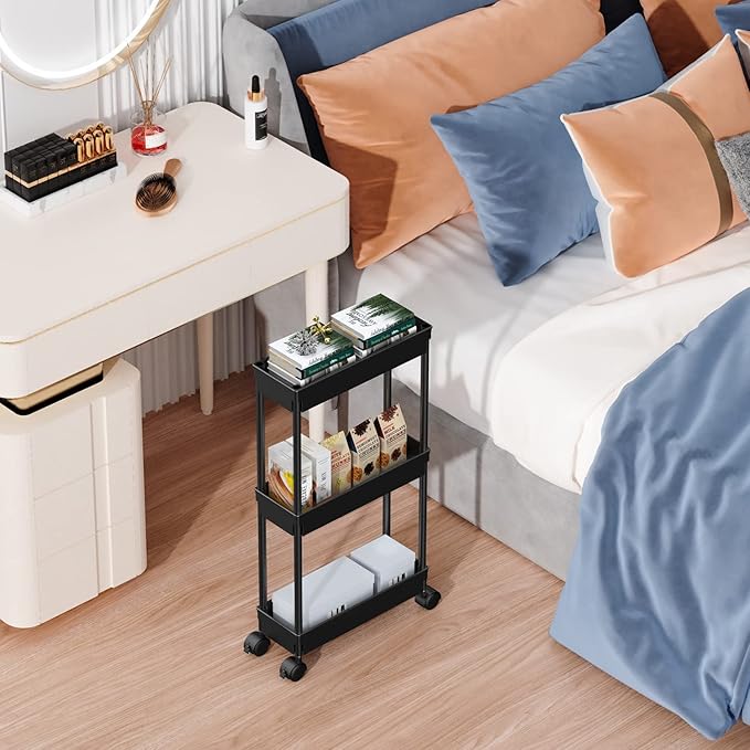 Sooyee 3-Tier Rolling Cart with Wheels, Slim Narrow Storage Cabinet, Under Desk Storage Organizer for Office, Bathroom, Kitchen, Laundry Room, Narrow Places, Black