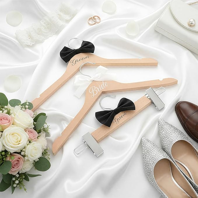 3 Pcs Bride and Groom Hangers for Dress Suit with Clips Wedding Wooden Hanger with Bow Tie for Mr and Mrs Shirt Tuxedo Suit Bridal Wedding Gift Bridesmaid Party Shower(Wood Color)