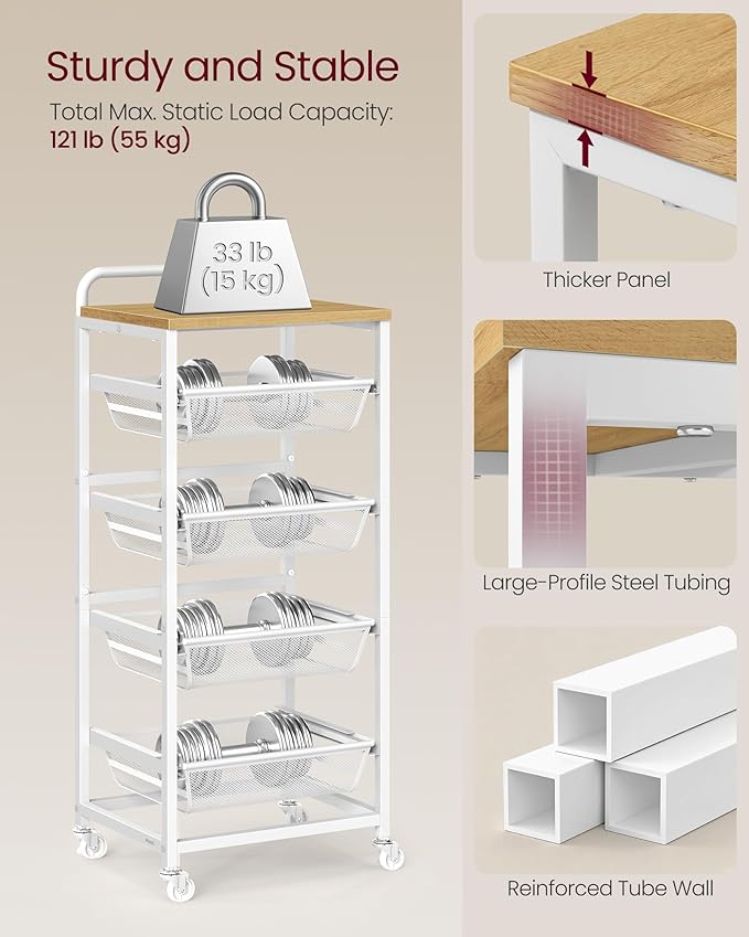 VASAGLE Kitchen Storage Cart with Pull-Out Baskets, 5-Tier Rolling Utility Cart with Wheels for Snacks, Handle, 12.5 x 15.8 x 37.4 Inches, Golden Oak and Matte White ULRC041YA01